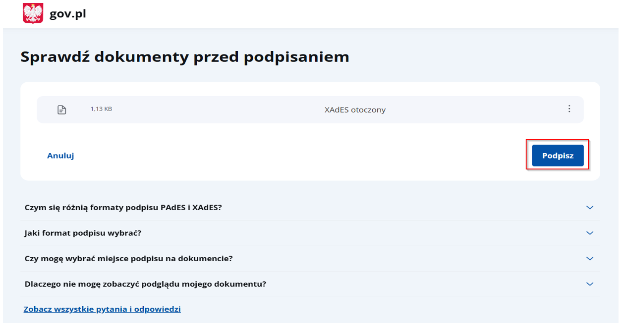 Widok okna podpisania wniosku Widok okna podpisania wniosku