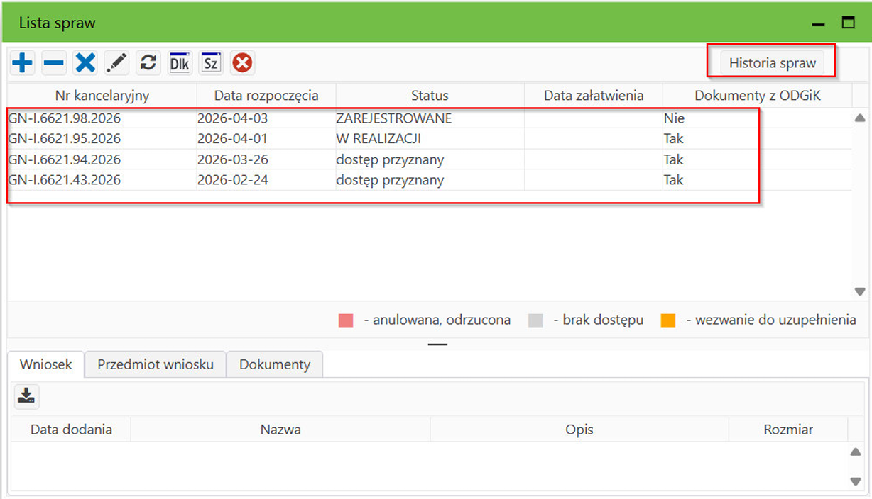 Widok okna Listy Spraw Widok okna Listy Spraw