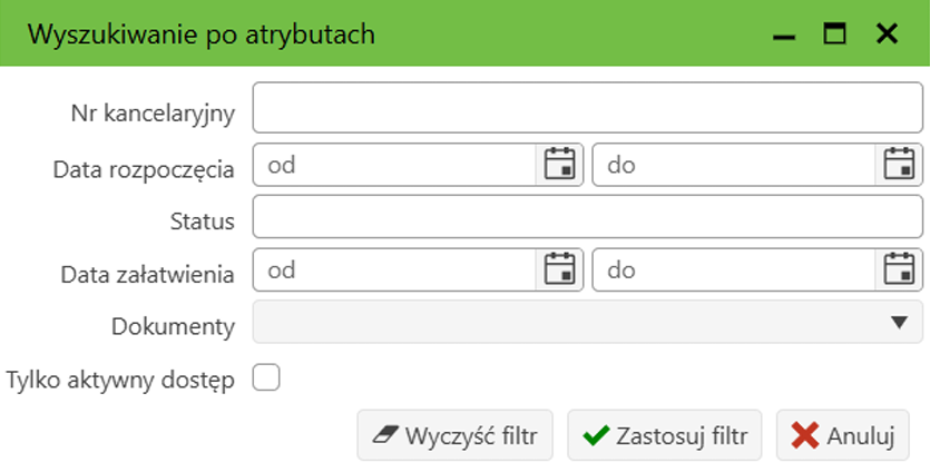 Widok okna wyszukiwania spraw Widok okna wyszukiwania spraw
