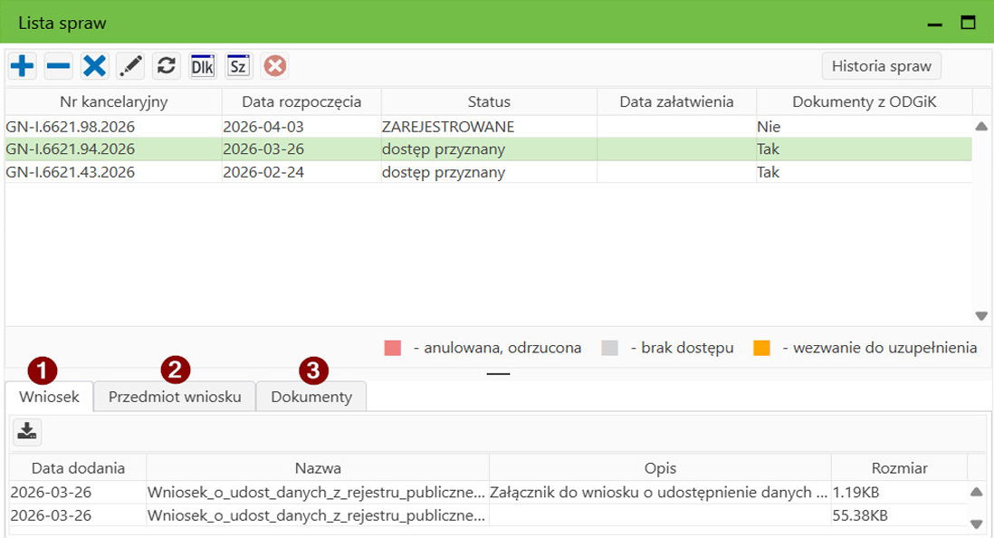 Widok okna Listy spraw Widok okna Listy spraw