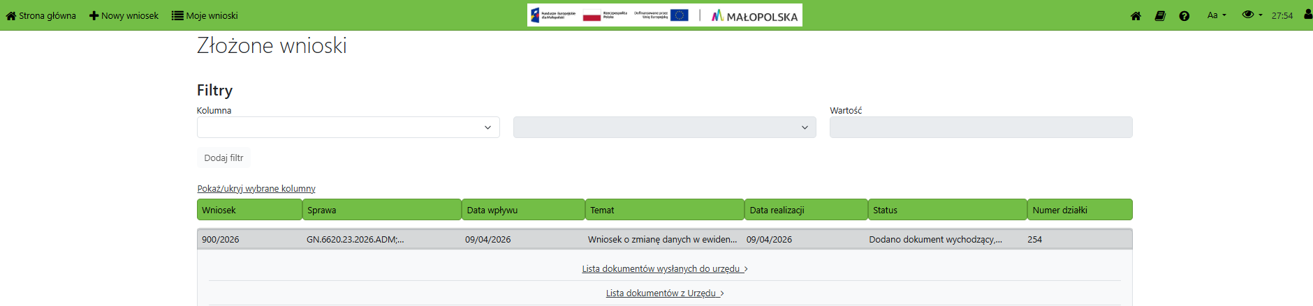 Widok listy ze złożonymi wnioskami Widok listy ze złożonymi wnioskami