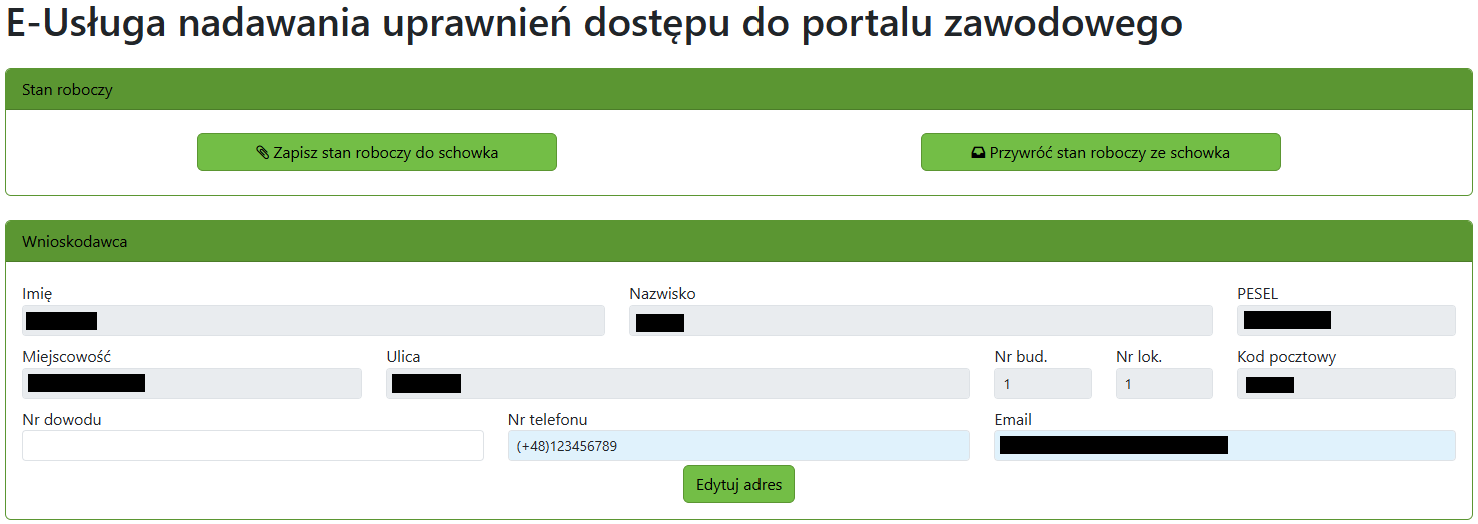 Widok części wniosku o nadanie uprawnień systemowych portalu Widok części wniosku o nadanie uprawnień systemowych portalu