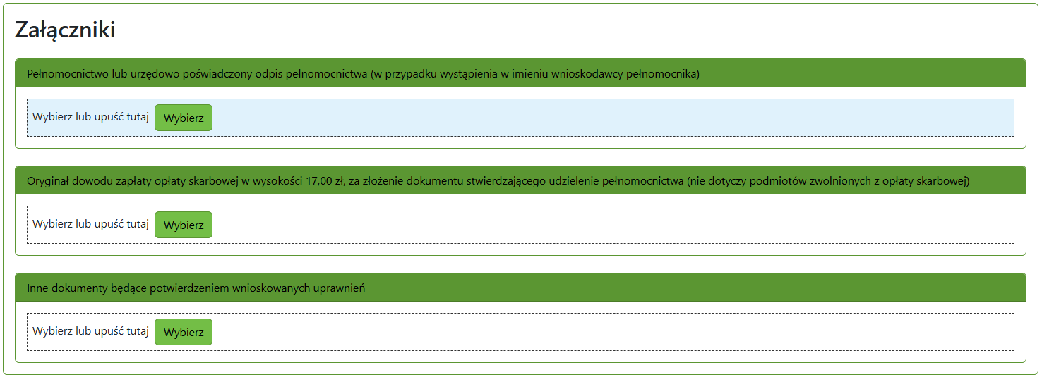 Widok części wniosku z polem z załącznikami Widok części wniosku z polem z załącznikami
