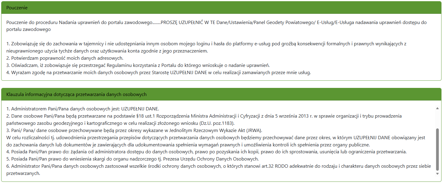 Widok części wniosku z klauzulą informacyjną Widok części wniosku z klauzulą informacyjną