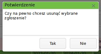 Widok okna potwierdzenia usunięcia zgłoszenia