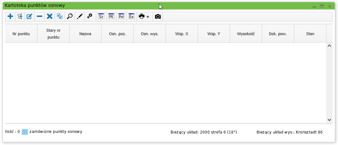 Widok okna kartoteki punktów osnowy