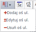 Ikona niebieskiej ulicy oraz jej osi wraz z czerwonym znakiem plus/minus na białym tle wraz z opcjami modyfikowania osi